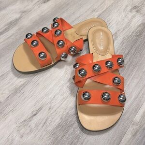 Marc Fisher Bryte Stud Flats Orange Slide Sandals with Silver Stud Accents | 8.5